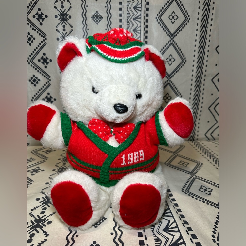 Kmart 1989 White Teddy Bear Christmas Red Hat Sweater‎ 20" VTG